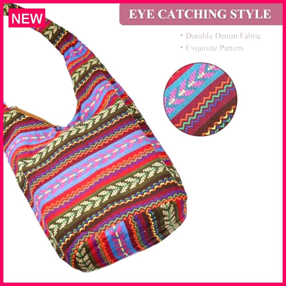 Large Canvas Hobo Bag Crossbody Shoulder Tote with Floral Embroidery - Picture 6 of 8